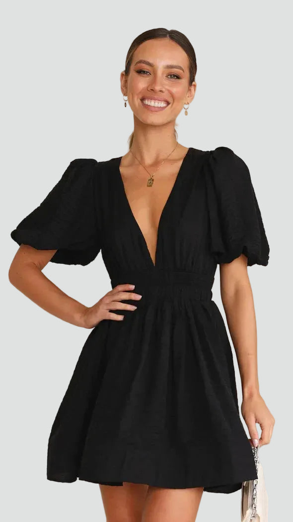 Flared mini dress for women with puff sleeves and V-neckline