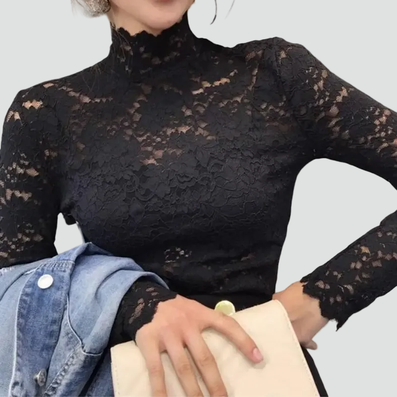 Elegant women's lace blouse with turtleneck and long sleeves
