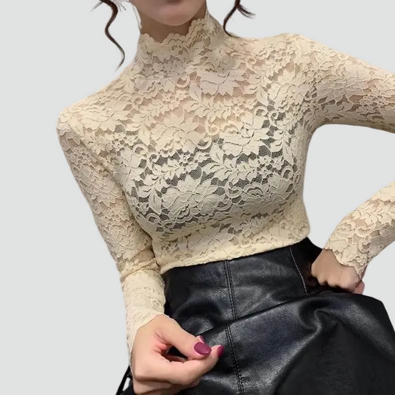Elegant women's lace blouse with turtleneck and long sleeves