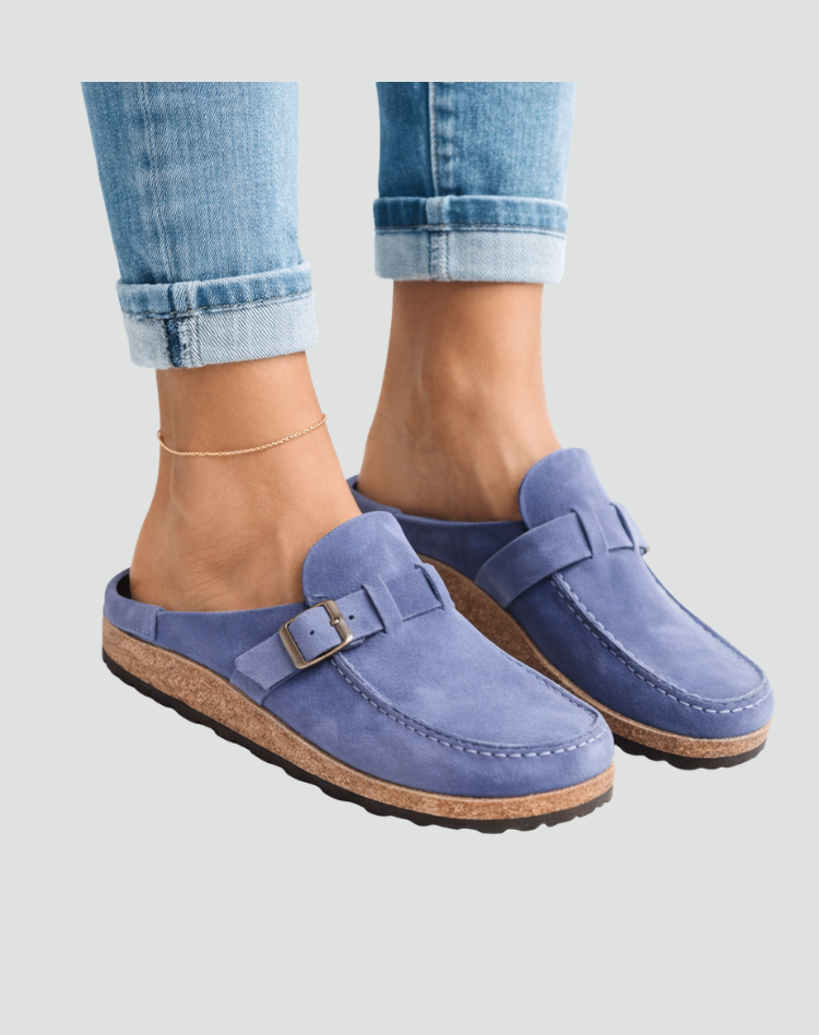 Clog-style sandals with buckle and contoured sole