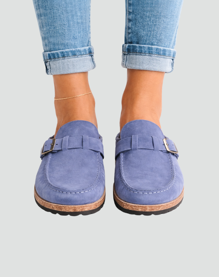 Clog-style sandals with buckle and contoured sole