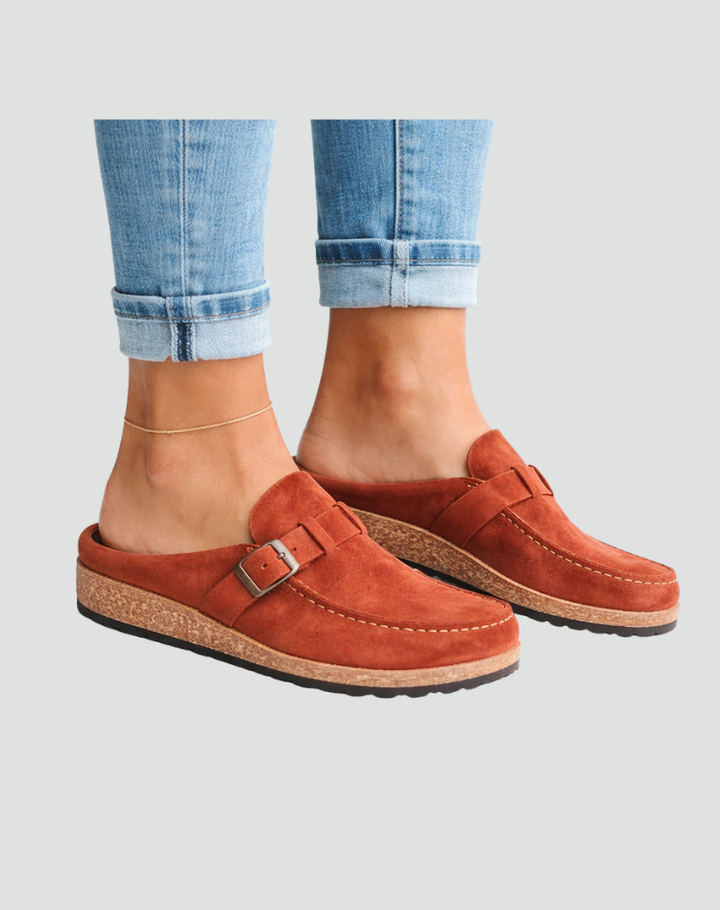 Clog-style sandals with buckle and contoured sole