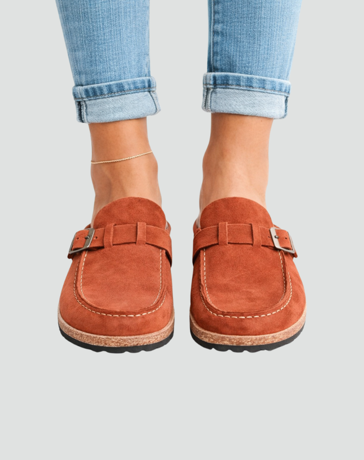 Clog-style sandals with buckle and contoured sole