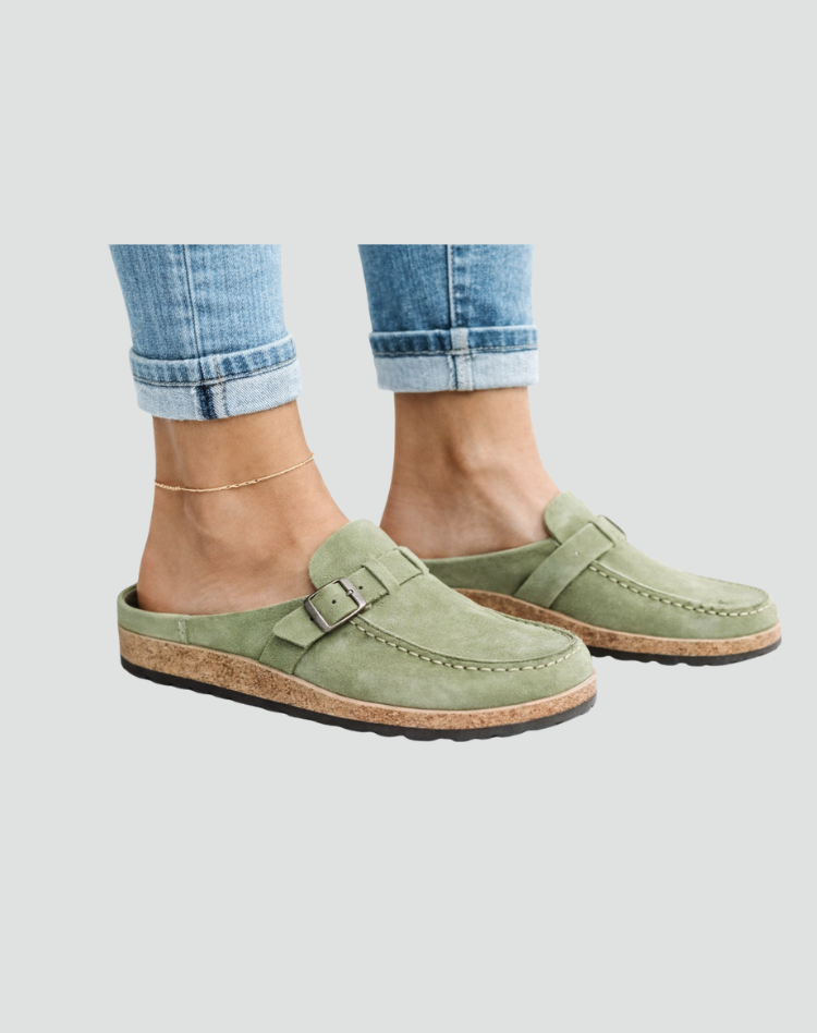 Clog-style sandals with buckle and contoured sole