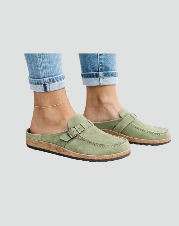 Clog-style sandals with buckle and contoured sole