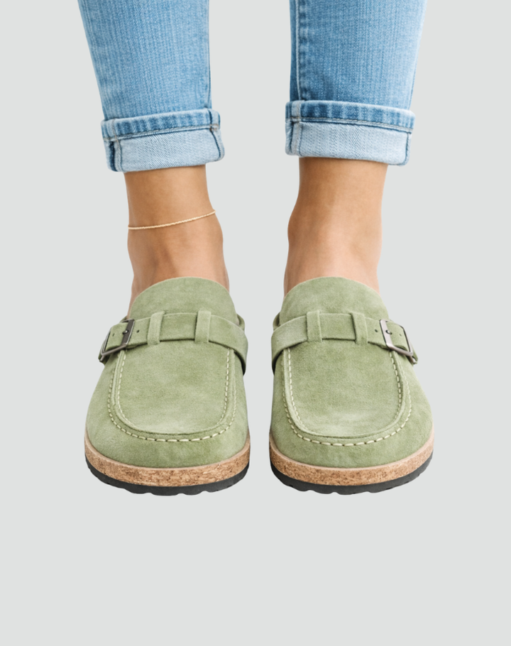 Clog-style sandals with buckle and contoured sole