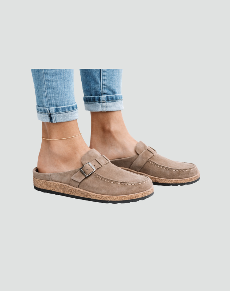 Clog-style sandals with buckle and contoured sole