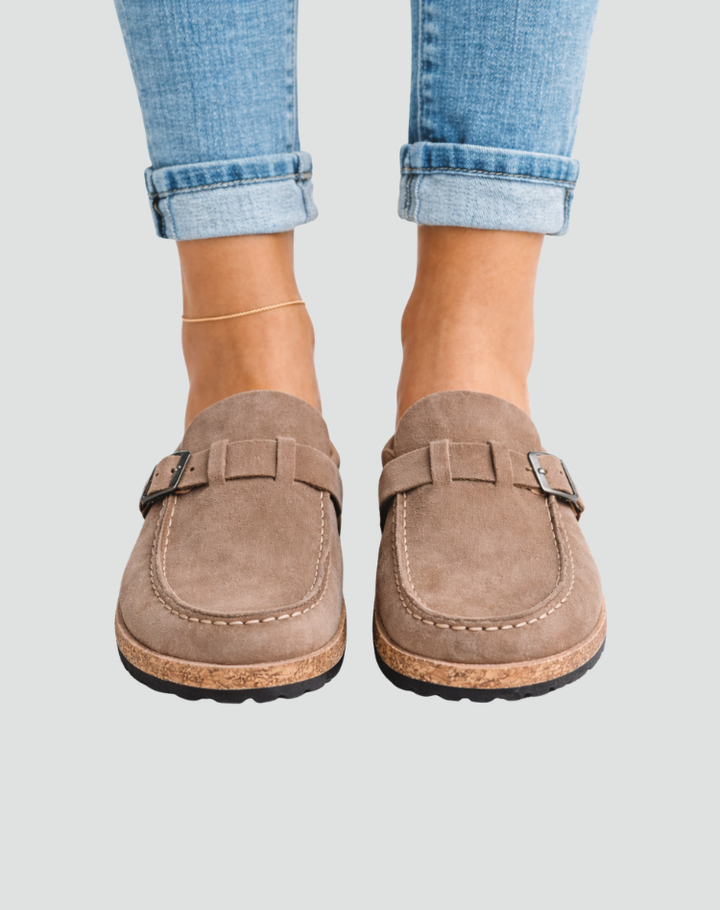 Clog-style sandals with buckle and contoured sole