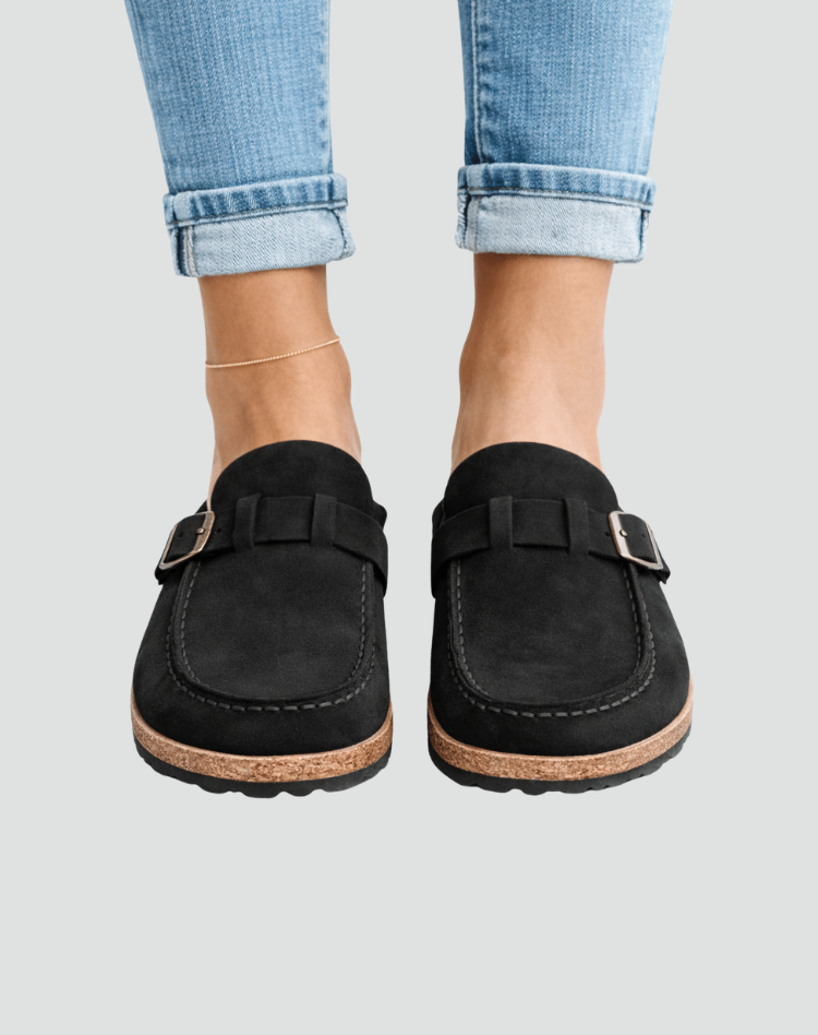 Clog-style sandals with buckle and contoured sole