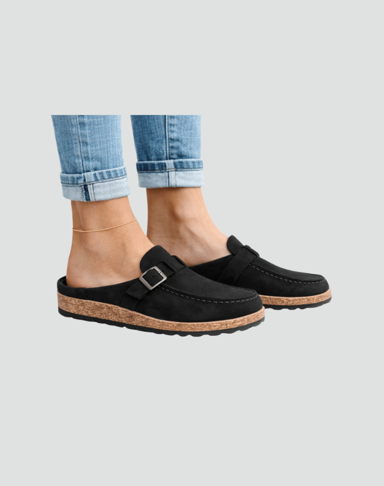 Clog-style sandals with buckle and contoured sole