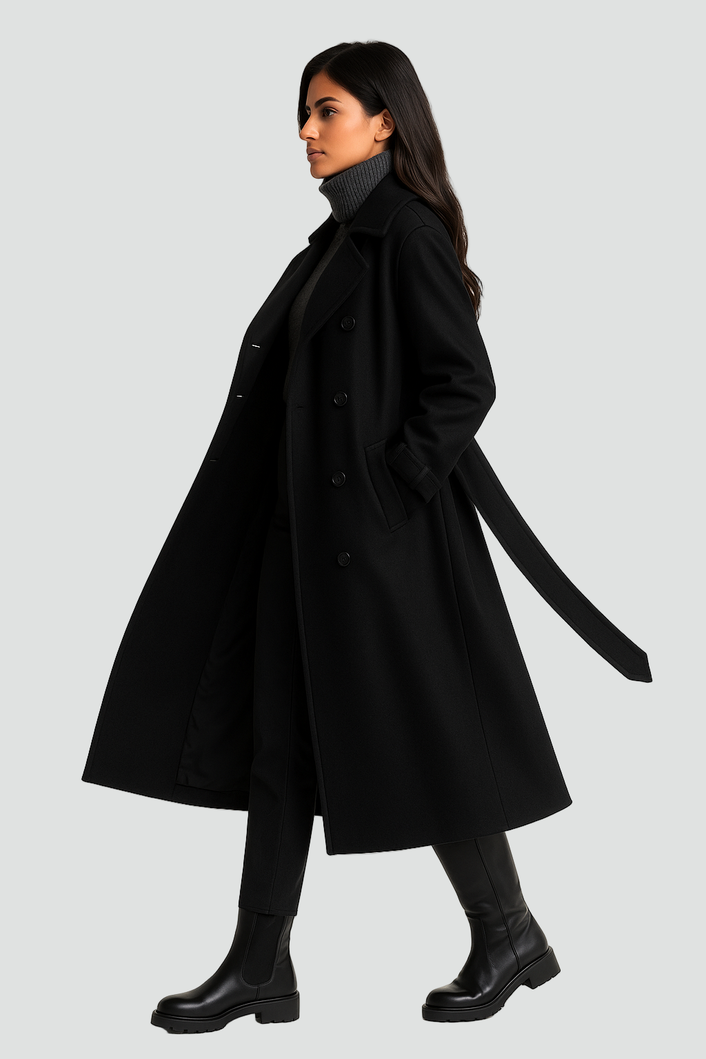 Klasyczny dwurzędowy damski trencz zimowy z paskiem