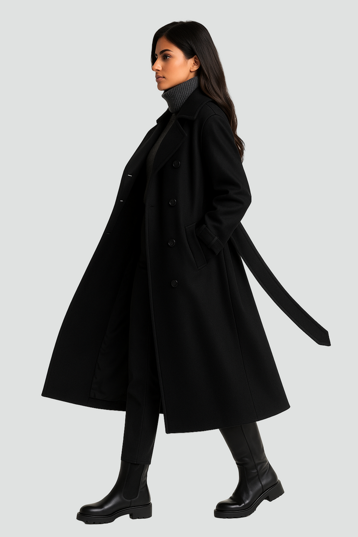 Klasyczny dwurzędowy damski trencz zimowy z paskiem