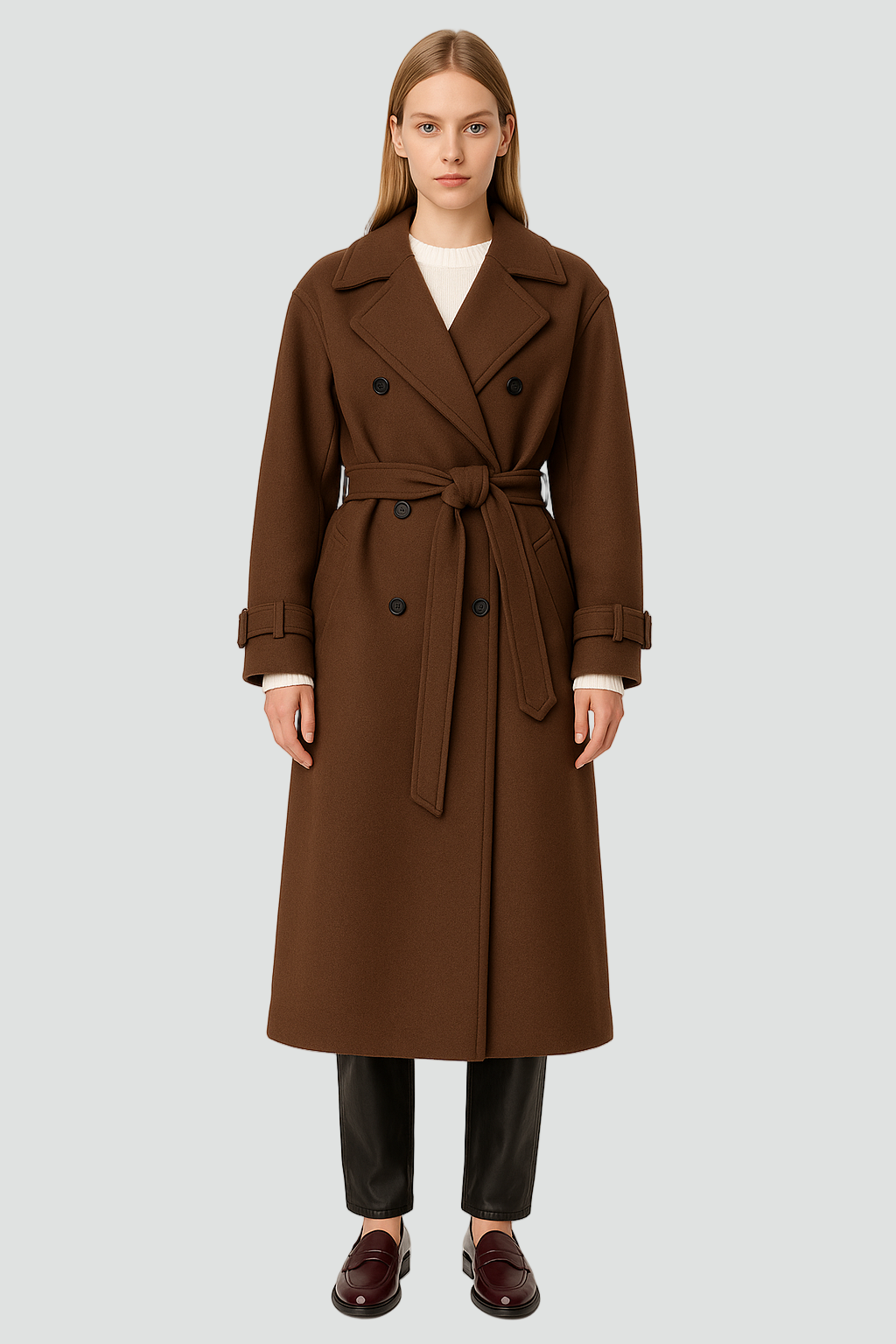 Klasyczny dwurzędowy damski trencz zimowy z paskiem