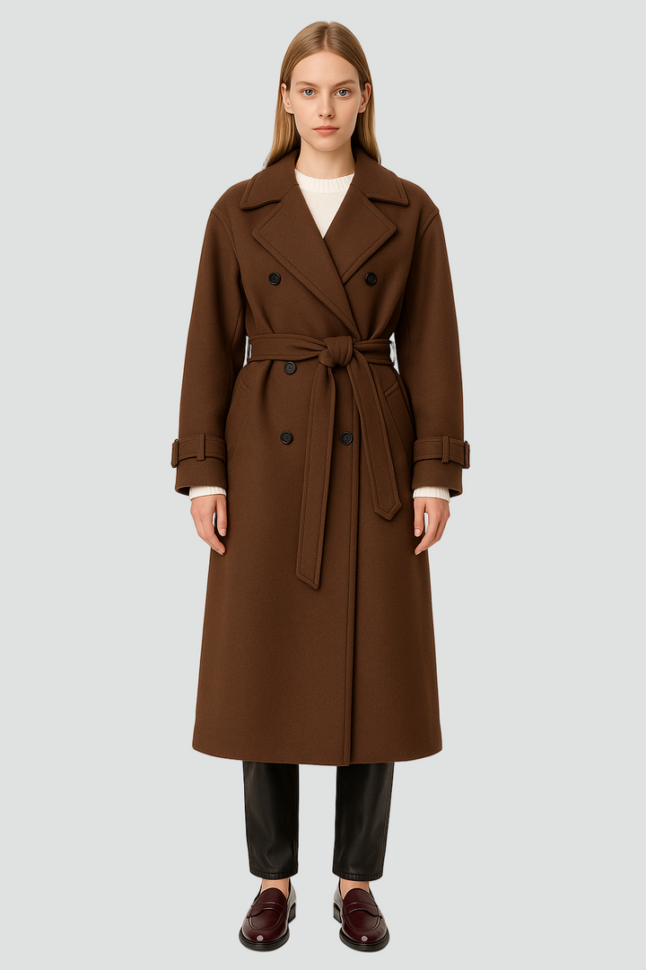 Klasyczny dwurzędowy damski trencz zimowy z paskiem