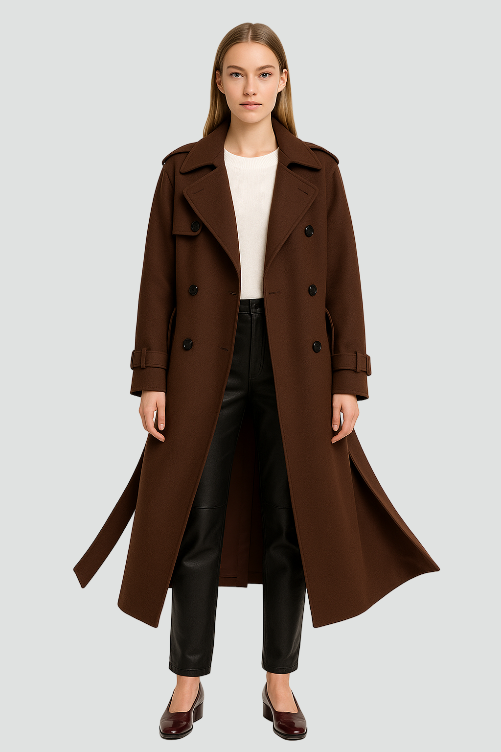 Klasyczny dwurzędowy damski trencz zimowy z paskiem