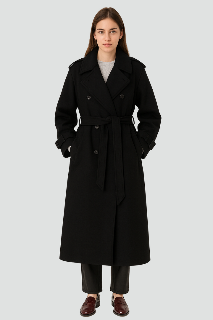 Klasyczny dwurzędowy damski trencz zimowy z paskiem