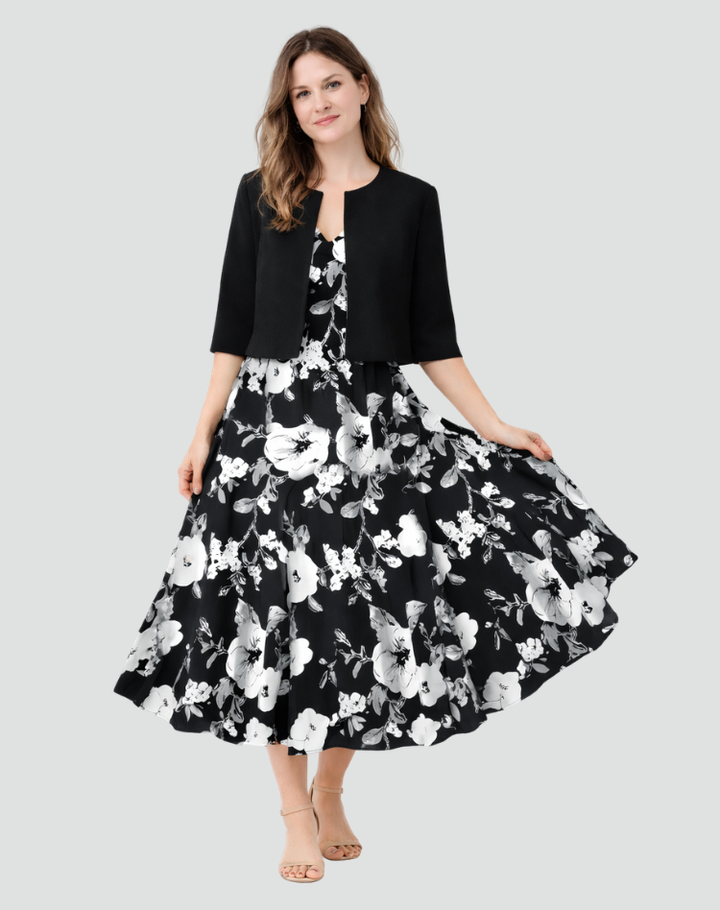 Women's midi set with bolero and patterned dress