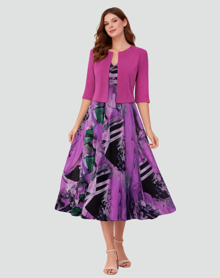 Women's midi set with bolero and patterned dress