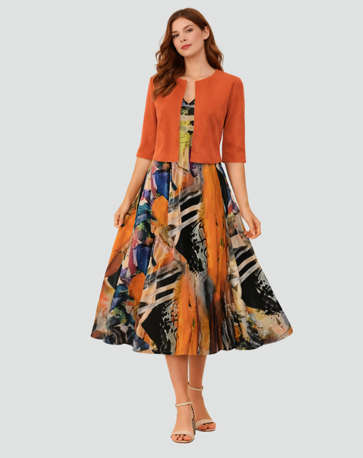 Women's midi set with bolero and patterned dress