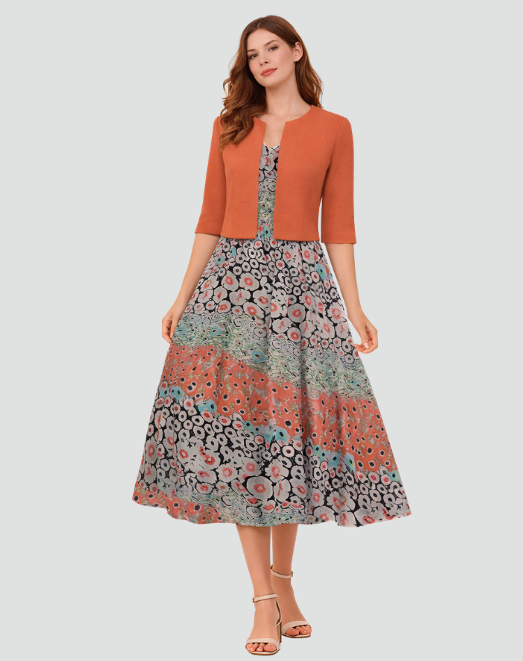Women's midi set with bolero and patterned dress
