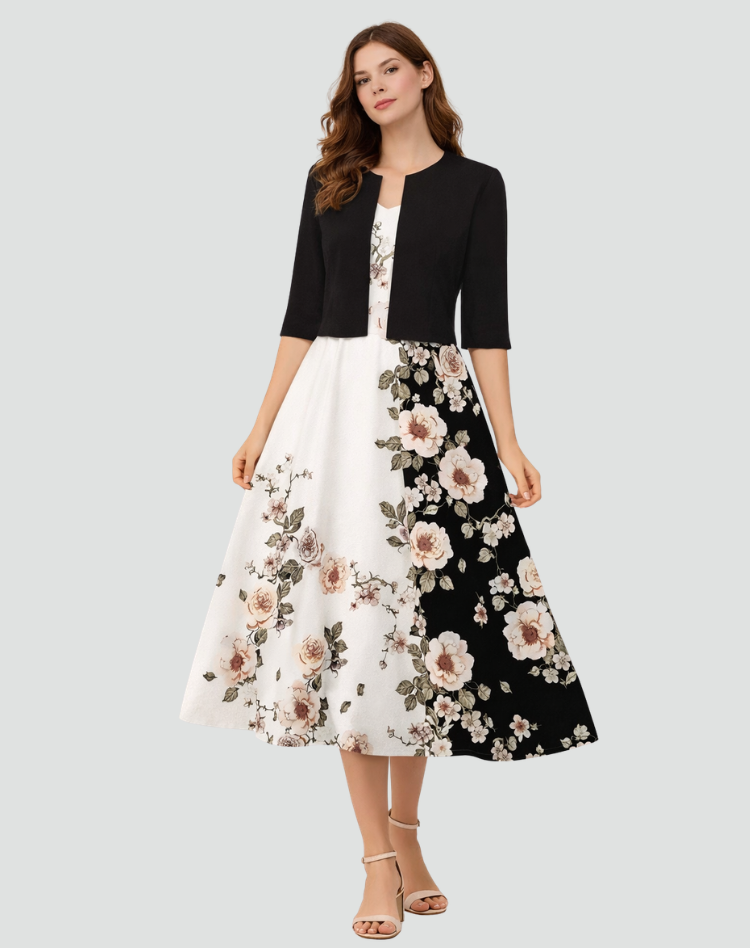 Women's midi set with bolero and patterned dress