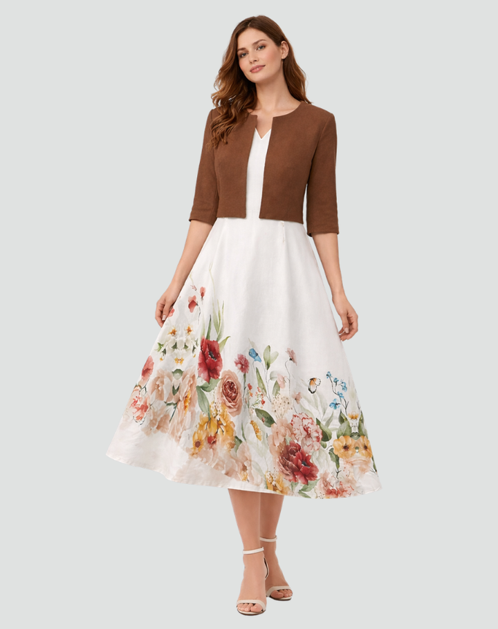 Women's midi set with bolero and patterned dress