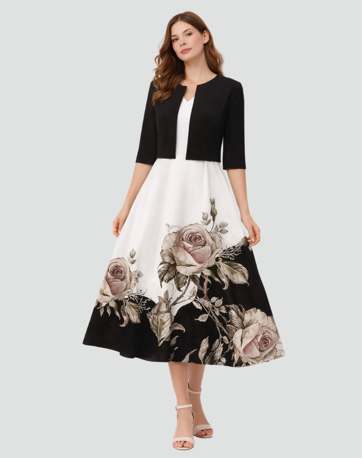 Women's midi set with bolero and patterned dress