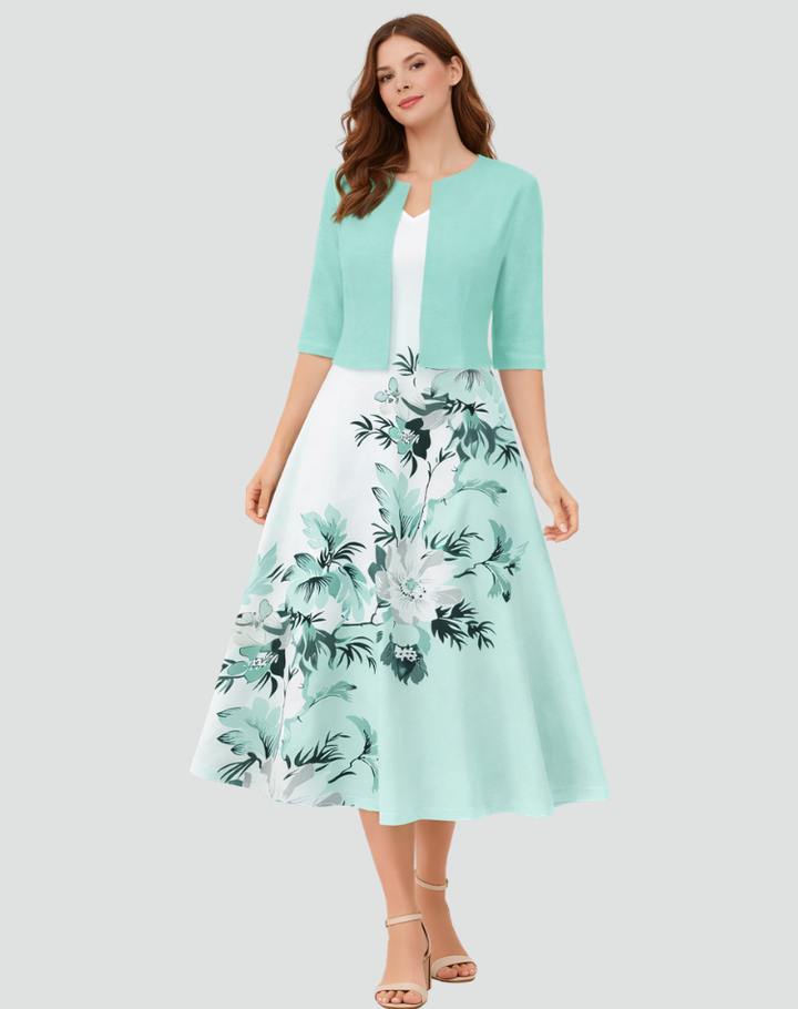 Women's midi set with bolero and patterned dress