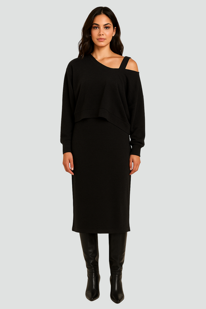 REVISION - Komplet damski z opuszczonym ramieniem i sukienką midi bodycon