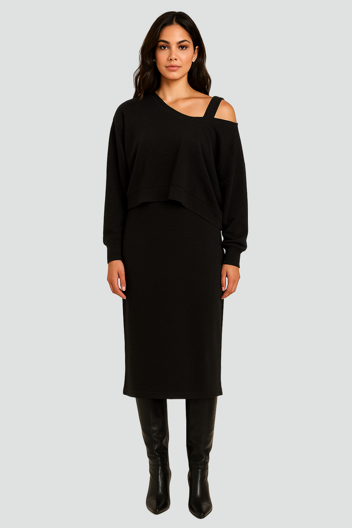 Komplet damski z opuszczonym ramieniem i sukienką midi bodycon