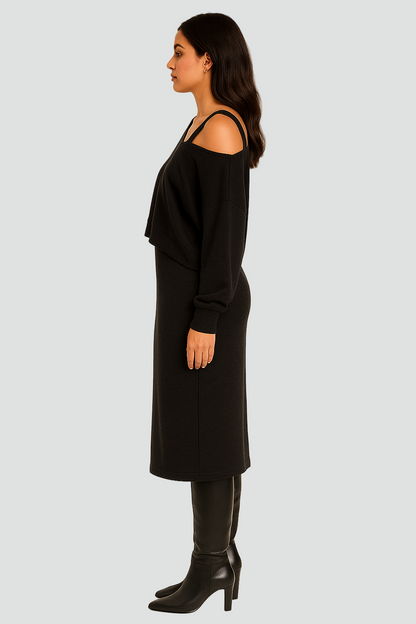 REVISION - Komplet damski z opuszczonym ramieniem i sukienką midi bodycon