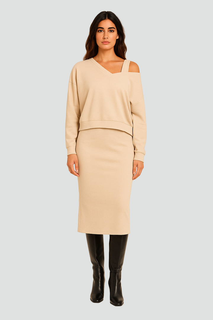 Komplet damski z opuszczonym ramieniem i sukienką midi bodycon