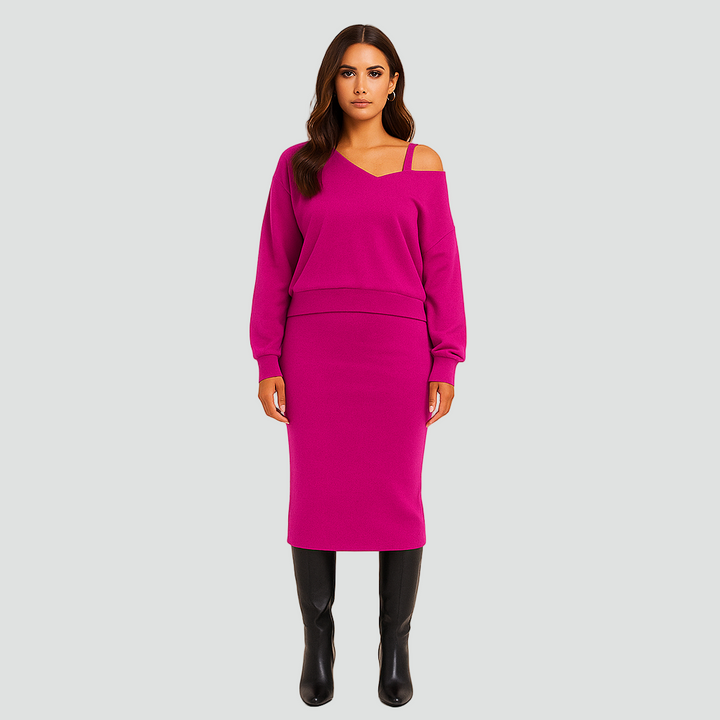 Komplet damski z opuszczonym ramieniem i sukienką midi bodycon