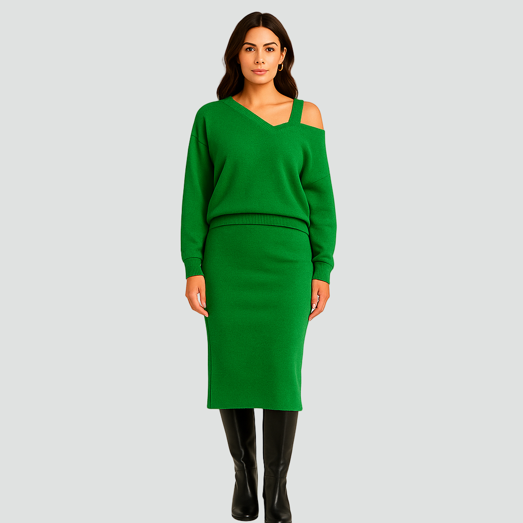 REVISION - Komplet damski z opuszczonym ramieniem i sukienką midi bodycon