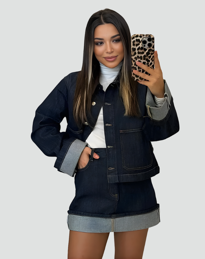 Women's denim set with oversize jacket and mini skirt