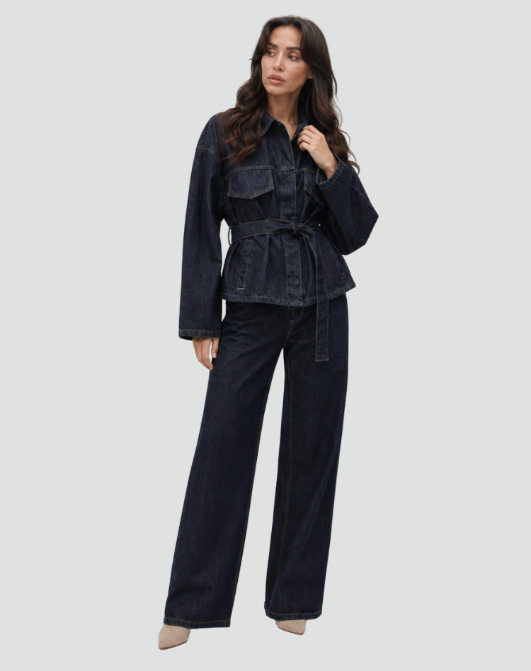 Women's denim set with a tie-front jacket and wide-leg pants