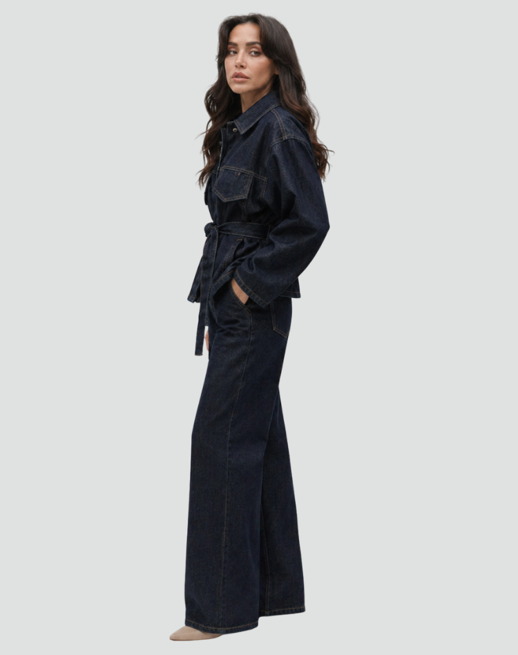 Women's denim set with a tie-front jacket and wide-leg pants