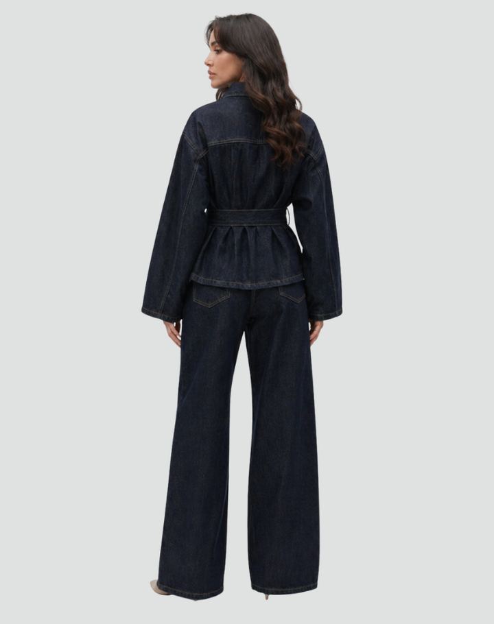Women's denim set with a tie-front jacket and wide-leg pants