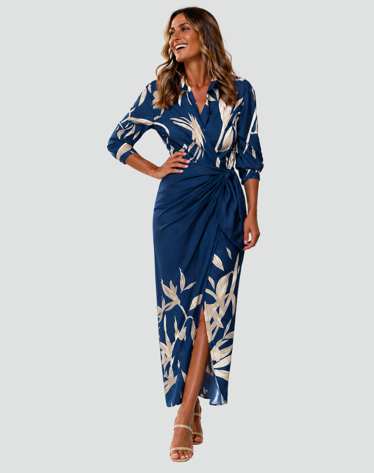 Midi envelope dress with waist tie and V-neckline