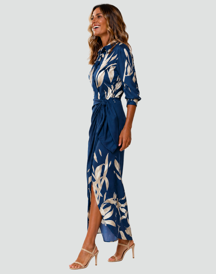 Midi envelope dress with waist tie and V-neckline