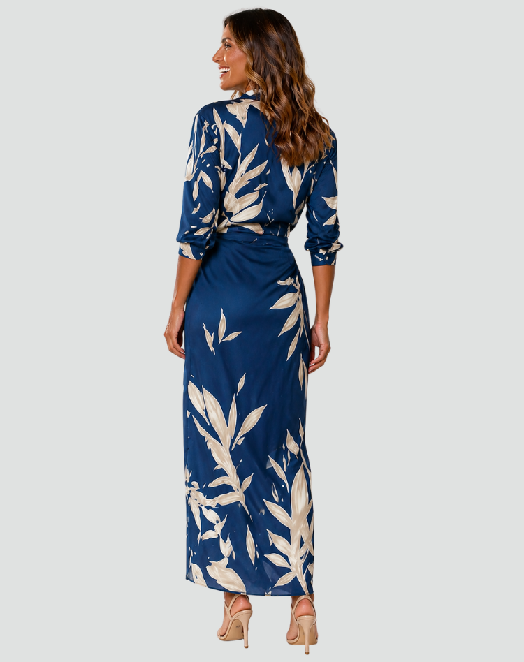 Midi envelope dress with waist tie and V-neckline