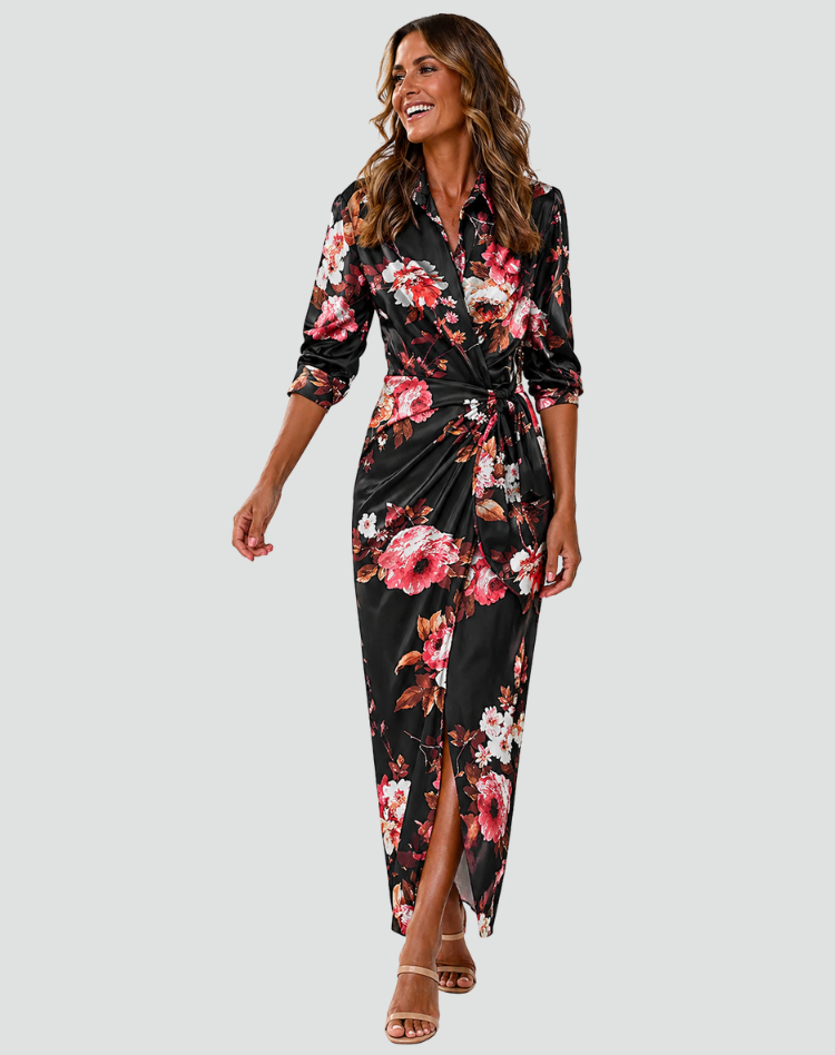 Midi envelope dress with waist tie and V-neckline