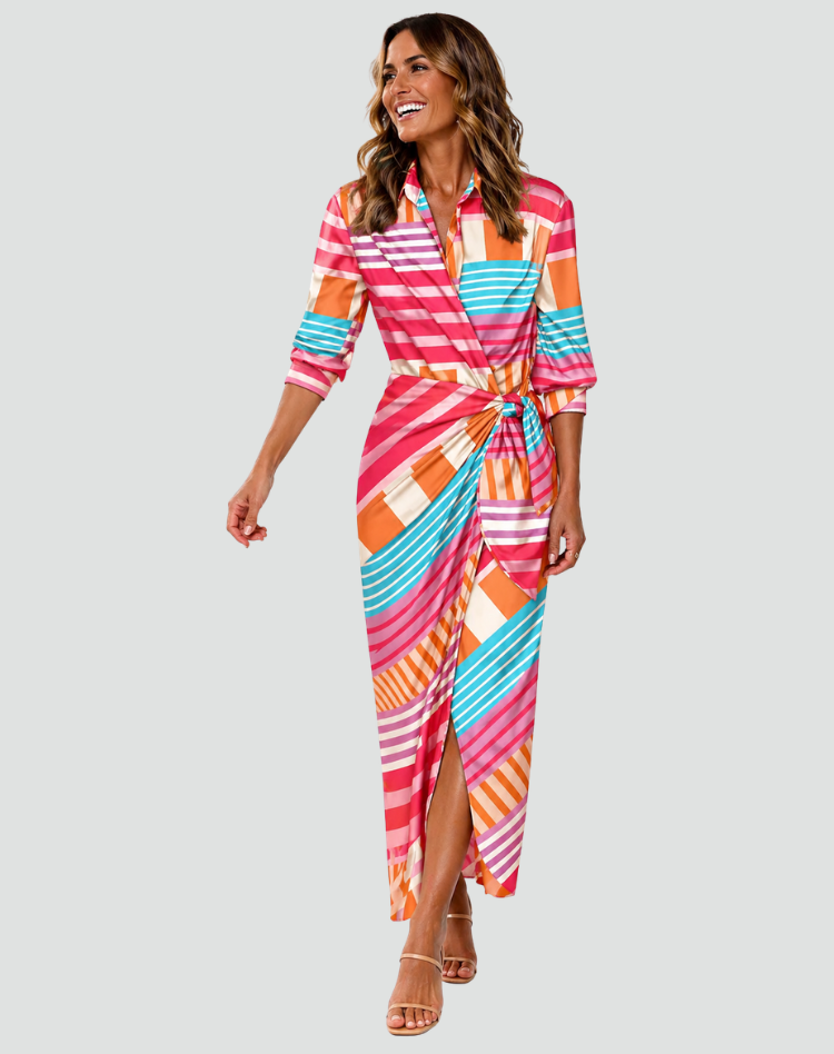 Midi envelope dress with waist tie and V-neckline