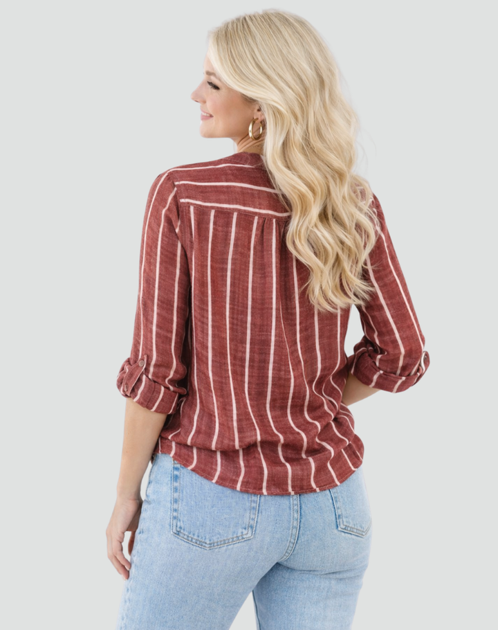 Loose striped women's button-up shirt with long sleeves