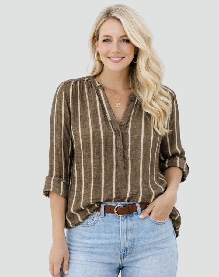 Loose striped women's button-up shirt with long sleeves