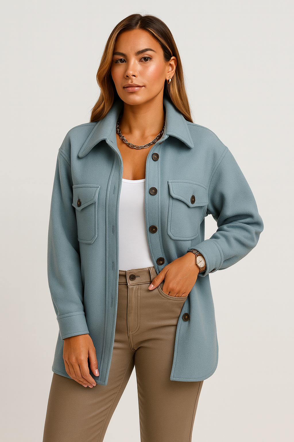 Koszulowa kurtka zimowa damska z kieszeniami i guzikami