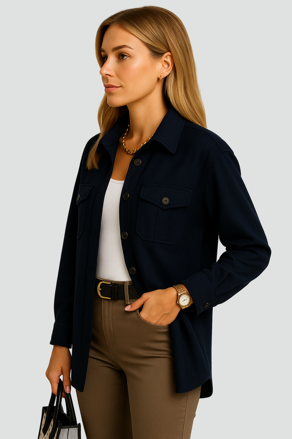 Koszulowa kurtka zimowa damska z kieszeniami i guzikami