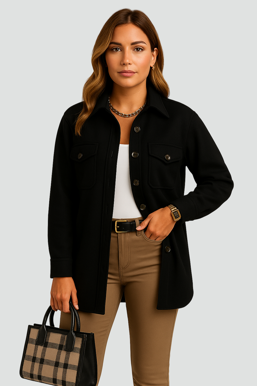 Koszulowa kurtka zimowa damska z kieszeniami i guzikami