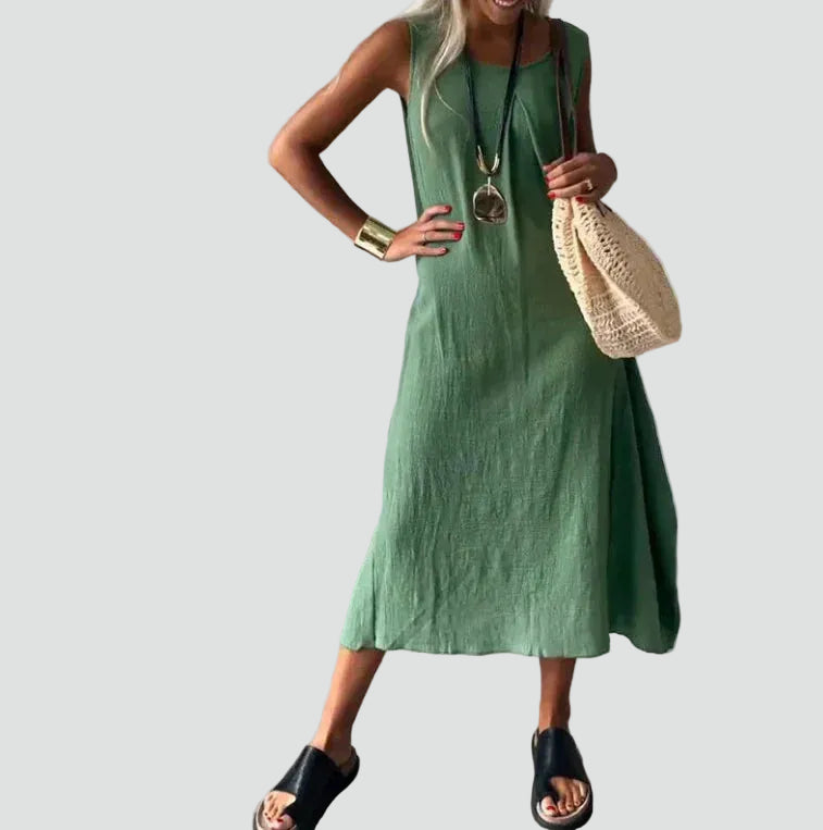 Loose women's maxi dress sleeveless made of linen and cotton