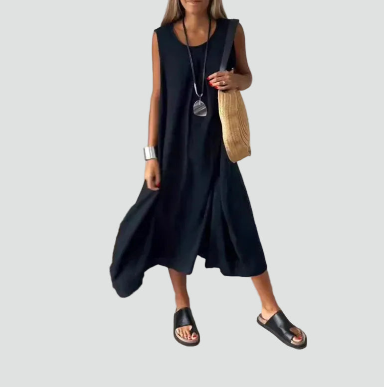 Loose women's maxi dress sleeveless made of linen and cotton
